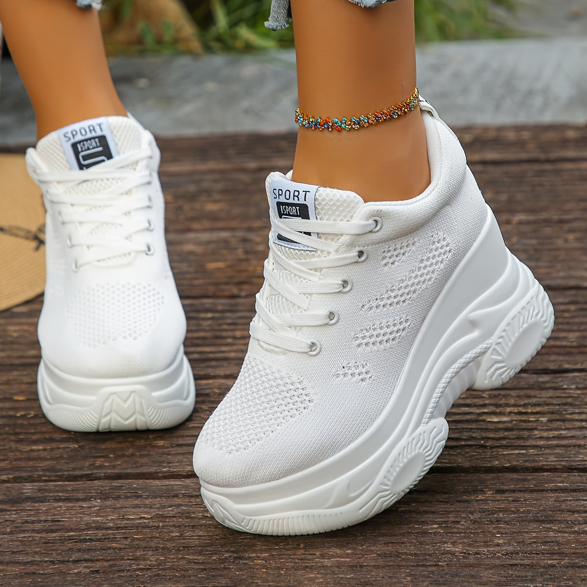 TEMU Women' Color Wedge Sneakers, Black And White Lace-up Knit Upper, Comfortable For Daily Wear, Women Shoes
