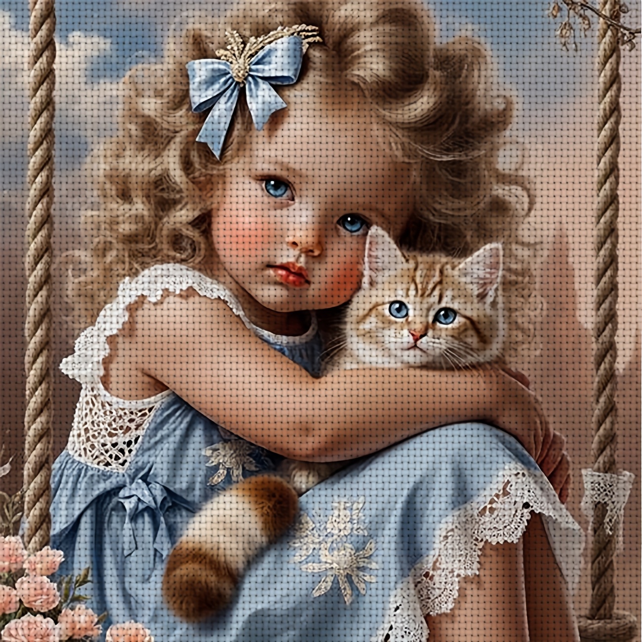 TEMU 1pc Cross Stitch Kit | "little Girl Holding Kitten" Pattern, Frameless, Includes Printed Canvas, Needles, Pattern & Instructions, In 2 Sizes: