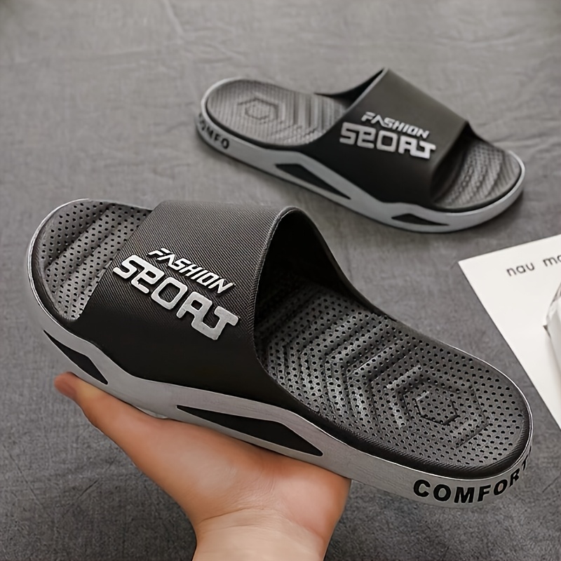 

Men's Letter Printed Household Slippers, Non-slip Quick Drying Open Toe Slippers, Comfortable, Simple And Wear-resistant, Suitable For Indoor Walking And Bathroom Showers