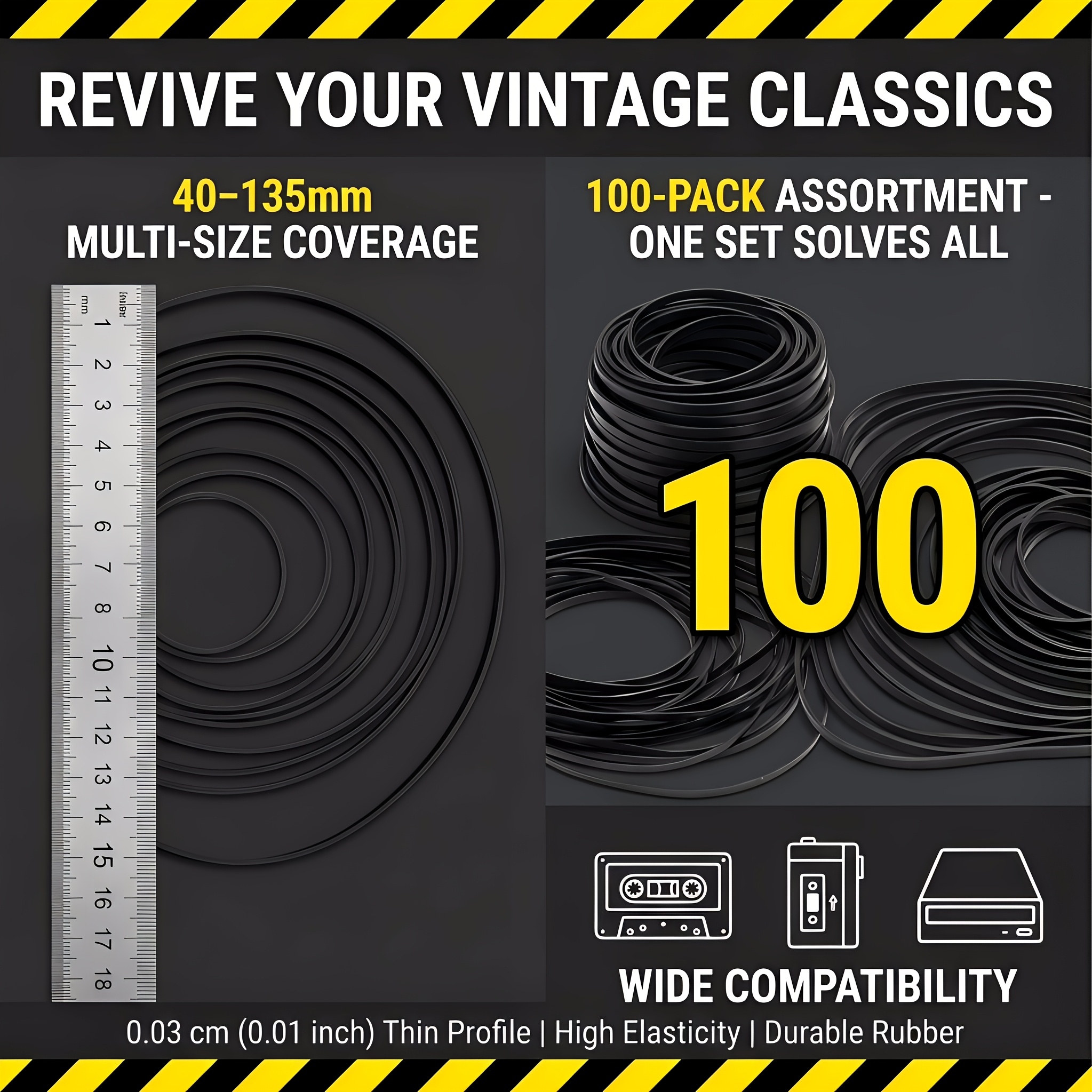 100pcs Recorder Rubber Drive Belts Repair Maintenance Mix Flat Cassette Tape 40-135mm Machine Rubber Replacement For Dvd Cd Ld Vcr Drives (2mm And 3mm Width)