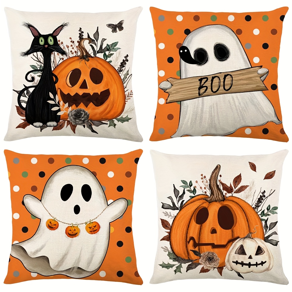 TEMU Set Of 4 Halloween Pillow Covers Measuring 18x18 Inches, Featuring Designs Of Orange Pumpkins, Adorable , And Black Cats. Perfect For Seasonal