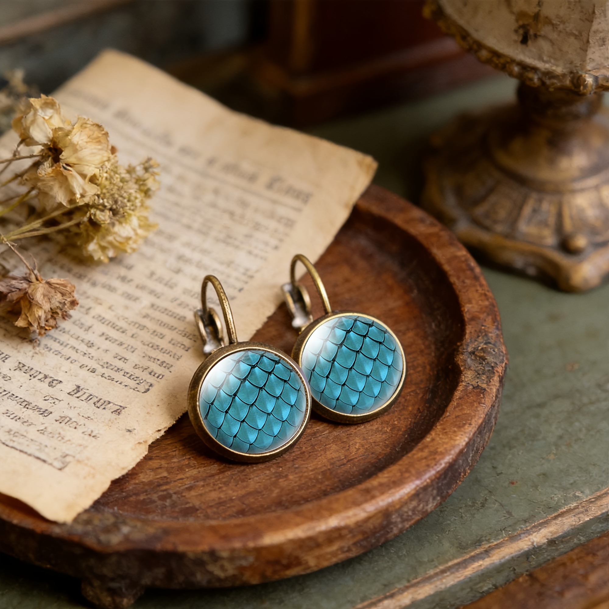 2pcs Cyan Round Classical Earrings Set, Retro Ear Hooks
