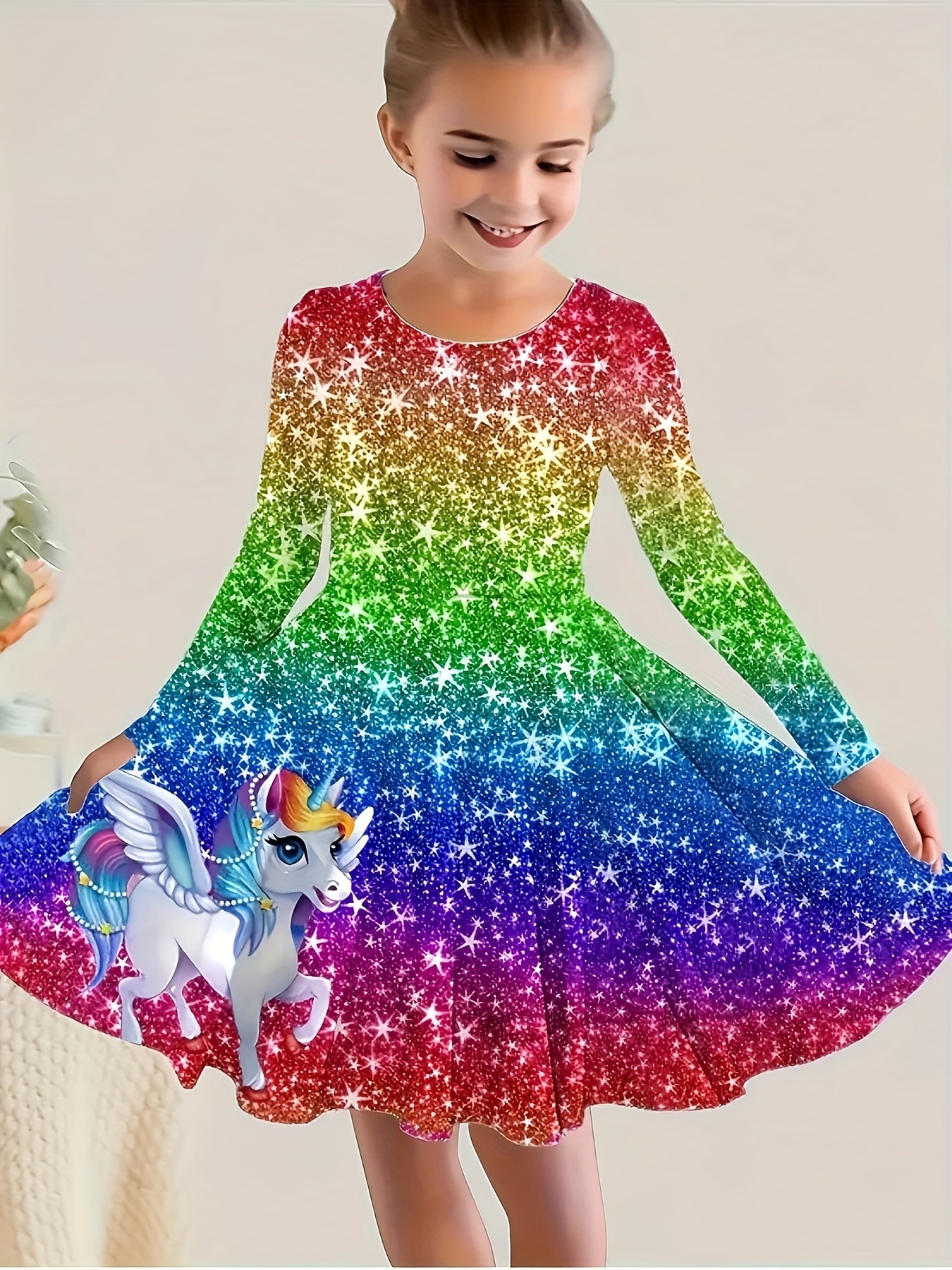 3d Print Unicorn Graphic Long Sleeve Dress Girls Comfy - Temu