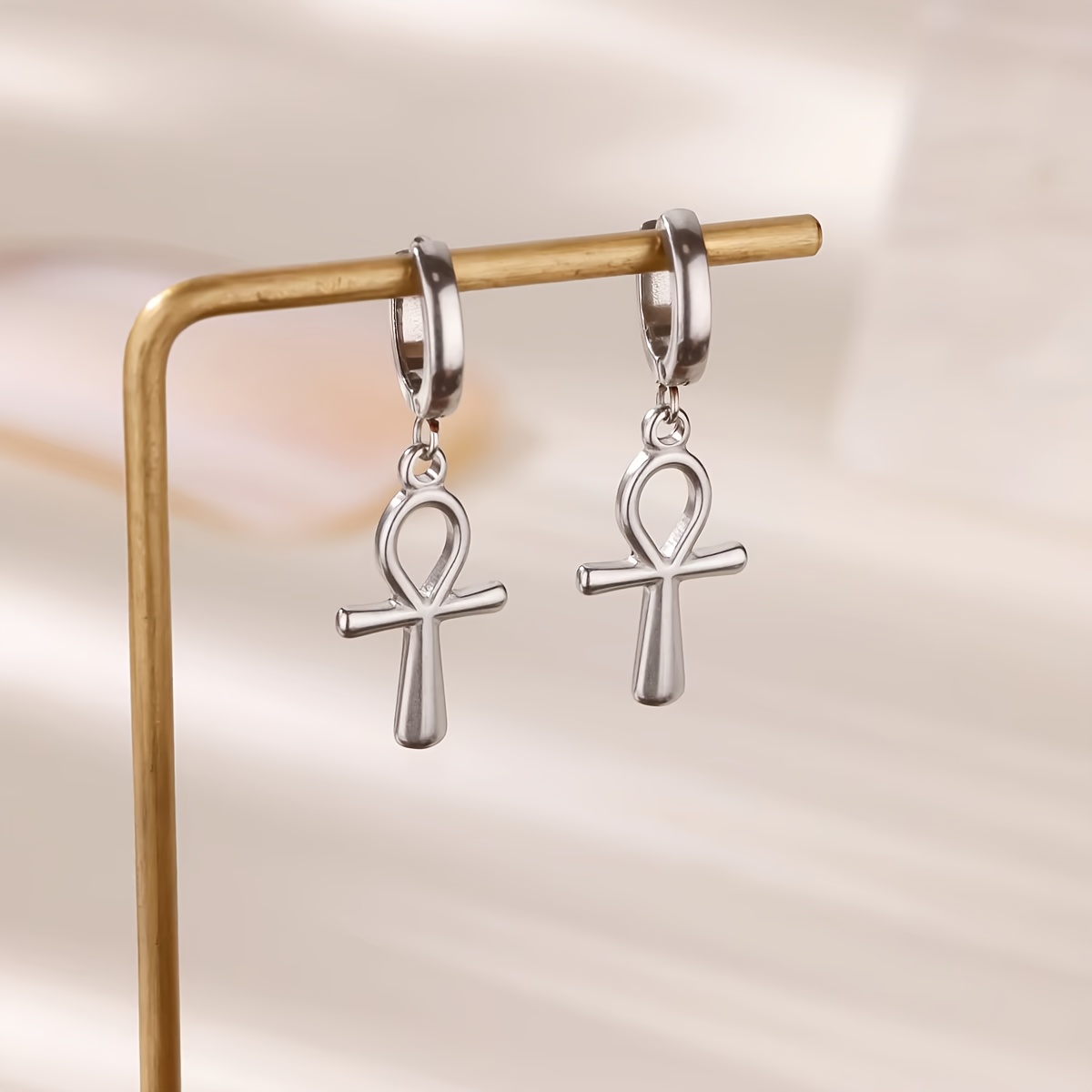 Image of Huggie Ankh Cross Dangle Hoop Earrings Fashion Elegant Women 304l 304 304l 304 Stainless Steel Hoops Jewelry Party Wedding Gifts For Her, Without Battery