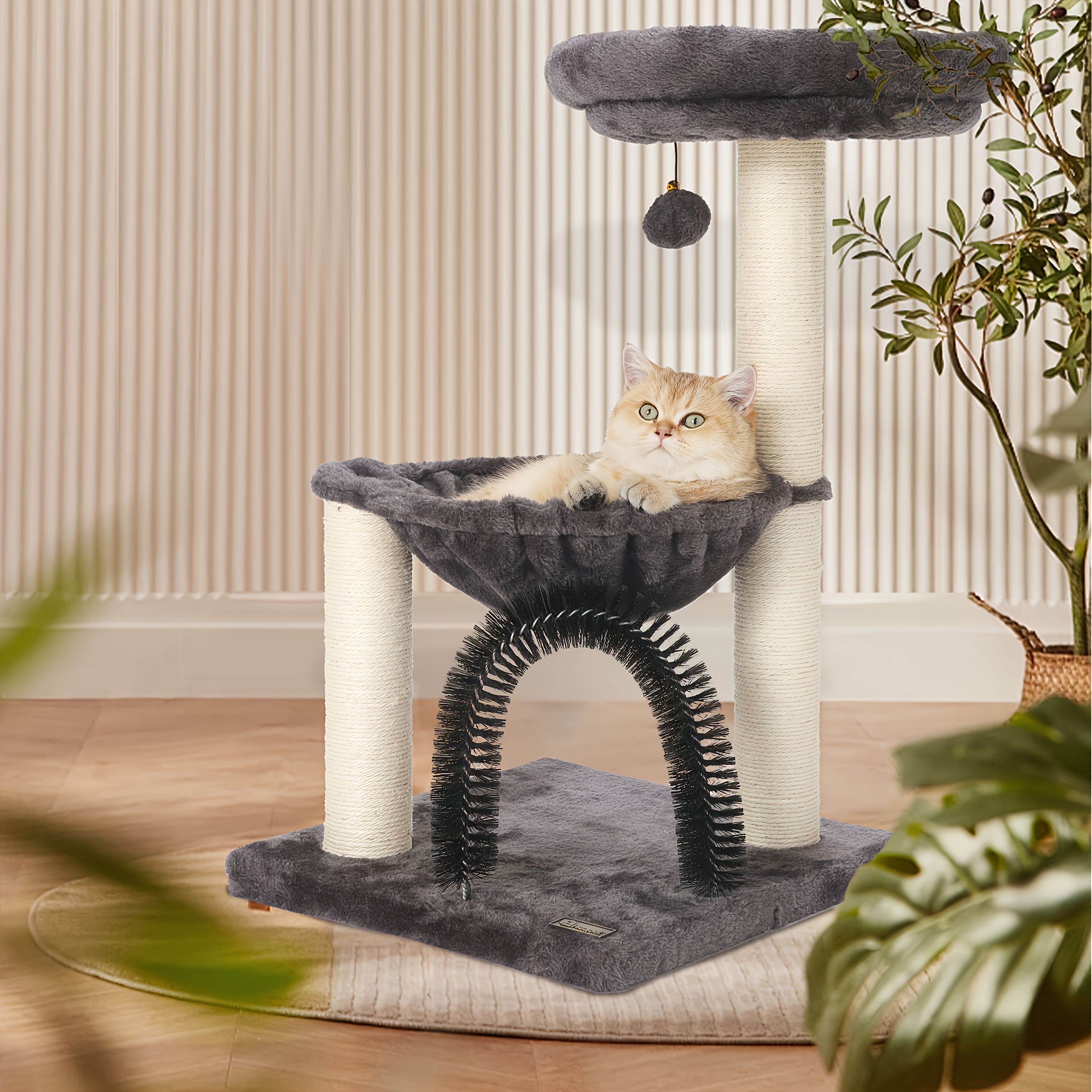 

Deluxe 27.5" Multi-level Cat Tree With Scratching Posts, Plush Basket & Perch - Sturdy Indoor For Kittens And Small Cats, Includes Interactive Ball Toy