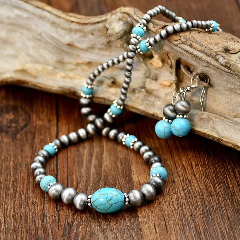 

Retro Ethnic Style Turquoise Necklace Earrings Set Female Ancient Silver Color Beaded Jewelry Set