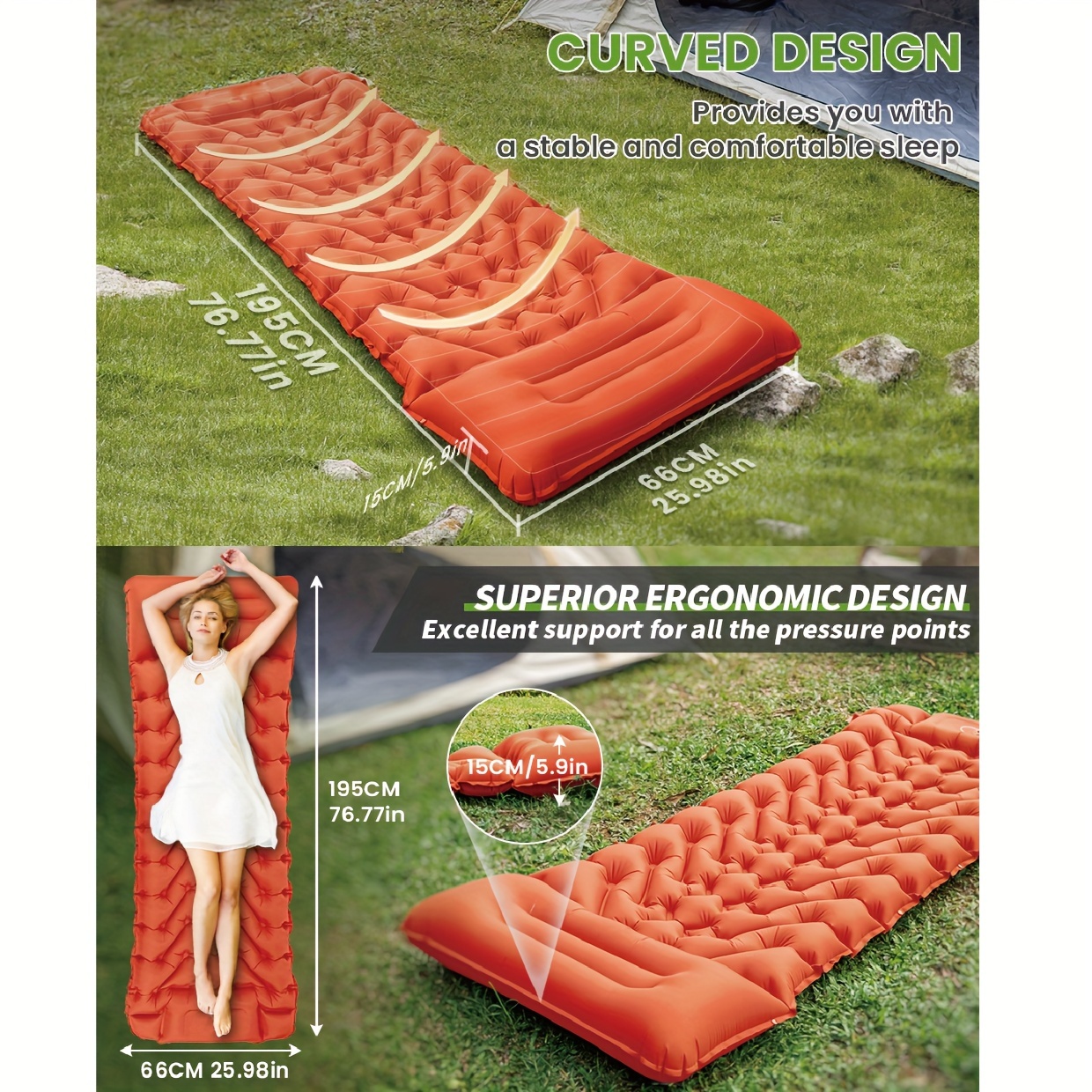 Ultra-Comfort Inflatable Sleeping Pad with Built-In Pillow & Pump - Ideal for Camping, Travel & Hiking | Durable Nylon, Includes Repair Kit & Storage Bag