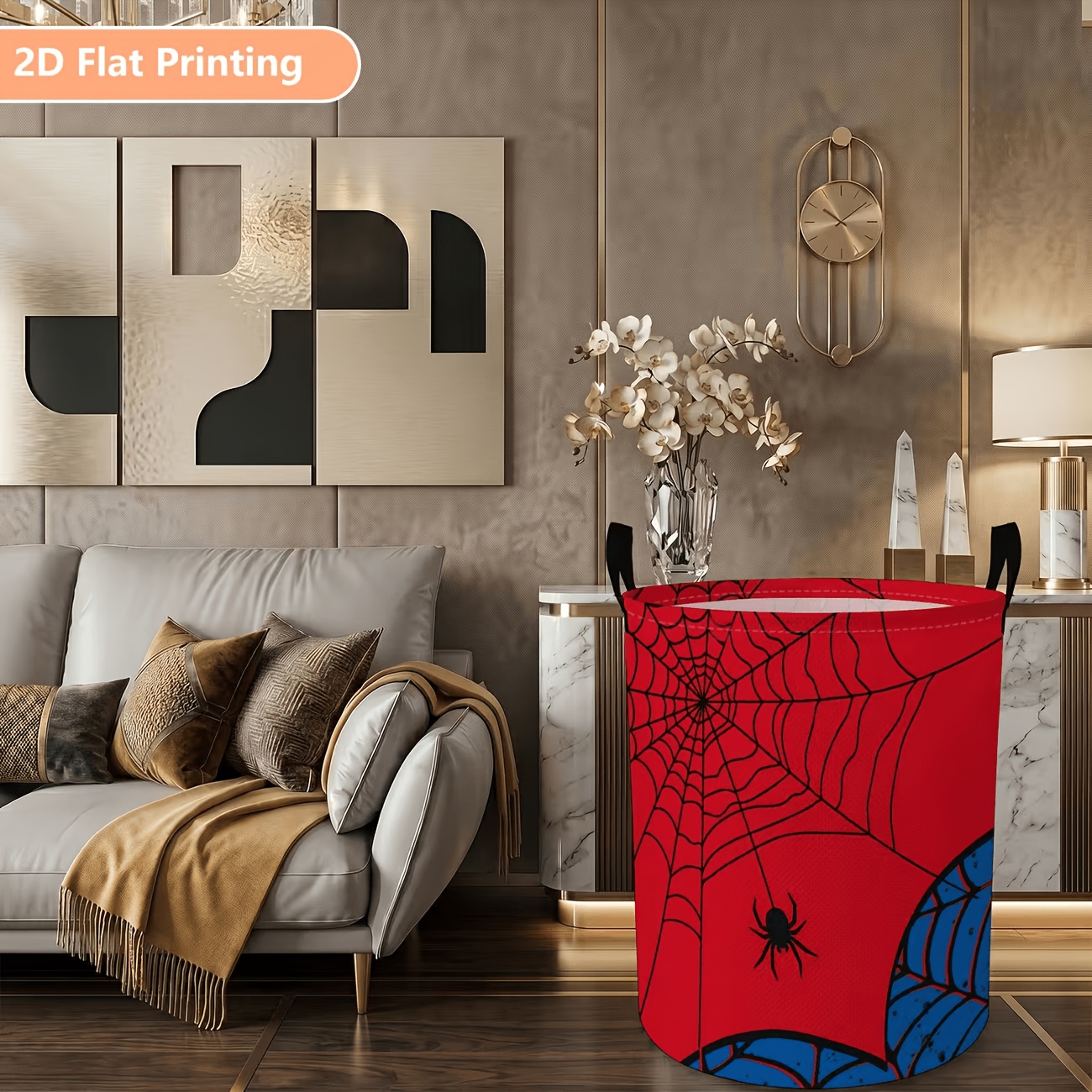 TEMU Panier à linge motif toile d'araignée, panier de rangement pliable en tissu avec poignée, boîte de rangement ronde de style dessin , convient