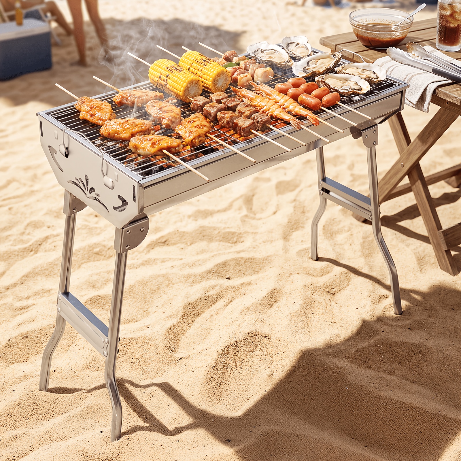 TEMU Portable Charcoal Grill, 29 X 13 X 28" Foldable Barbecue Grill, Stainless Steel Bbq Grill For Outdoor Cooking Camping Hiking Picnic Garden Beach