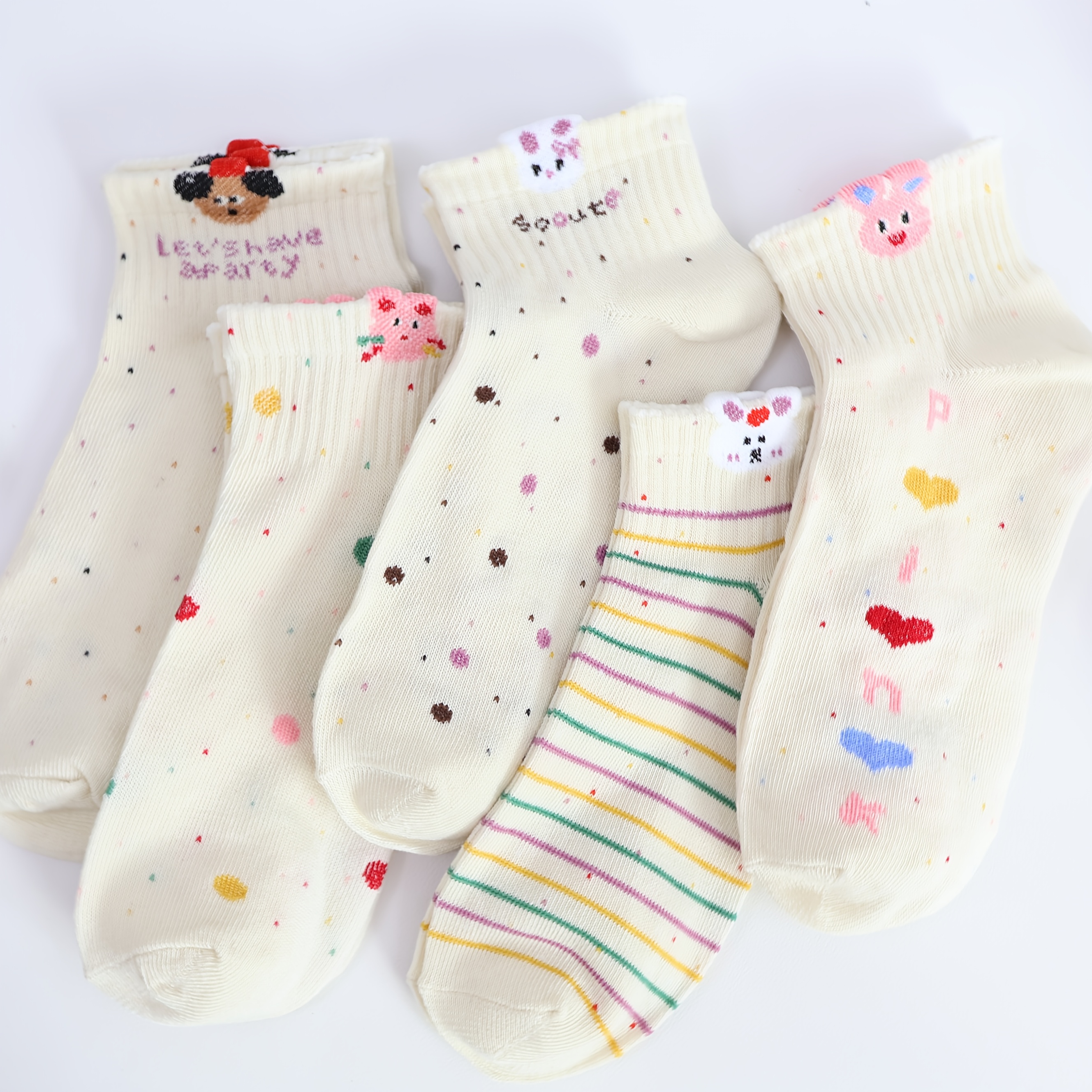E-shop 5 Paar Bequeme und Vielseitige Süße Cartoon-Häschen-Gestreifte Knöchelsocken für Damen