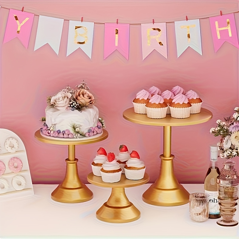 Image of Stylish Set Of 3 Golden Metal Cake Stands - Vintage Design, Ideal For Weddings, Birthdays, Showers, And Anniversaries - Features Round Stands Measuring 8", 10", And 12"