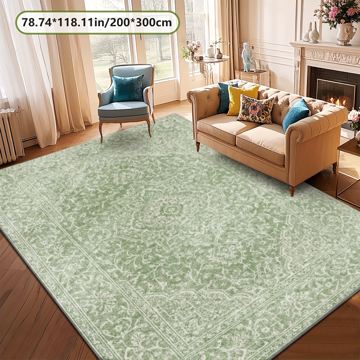 TEMU Zulida Vintage European Floral Area Mat - 800gsm High-density Polyester, Mint Green Machine-washable Mat With Non-slip Backing, Multiple Sizes