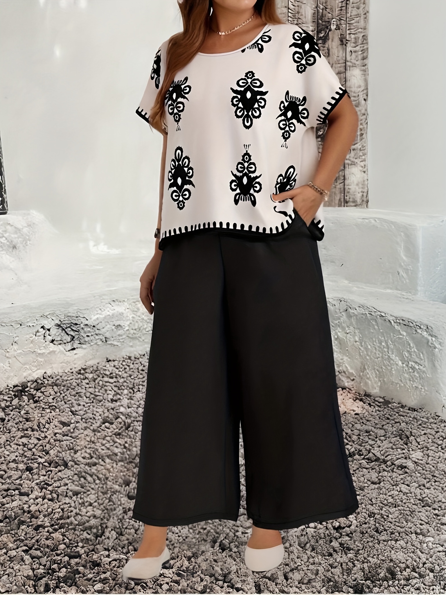 conjunto moda mujer: blusa estampada pantalón casual liso Temu