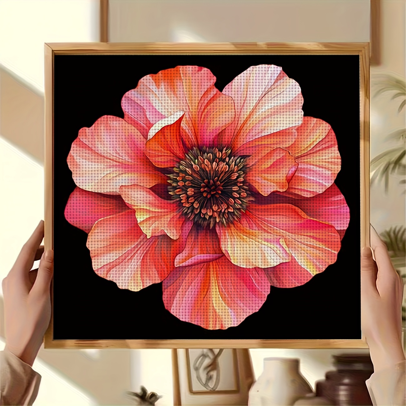 DIY Cross Stitch Print Kit, Frameless, "Vibrant Flowers on Black Background" Pattern
