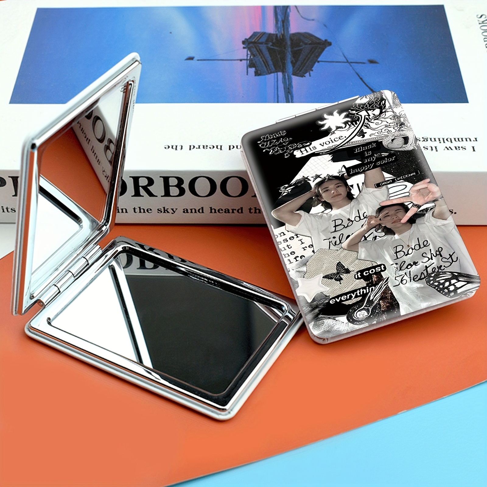 TEMU A Portable Makeup Mirror - Double-sided, Foldable, Handheld Design, Featuring Black And White Comic-style Images That Showcase Complex Scenes