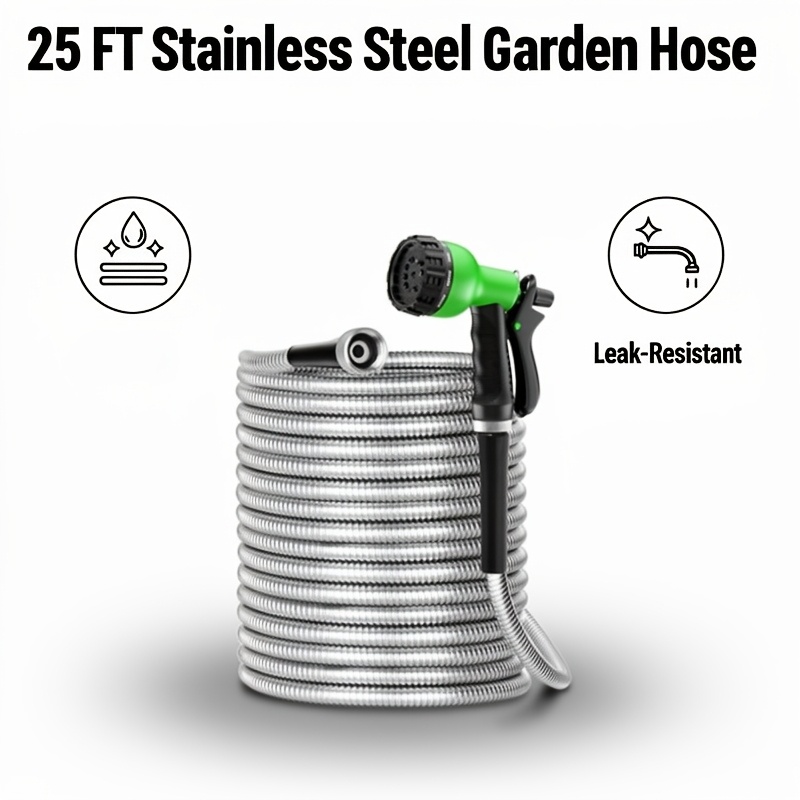 TEMU 25ft Heavy-duty Stainless Steel Garden Hose With 10-function Spray Nozzle- Lightweight, Collapsible, And Flexible Hose, Ideal For , Camping, And
