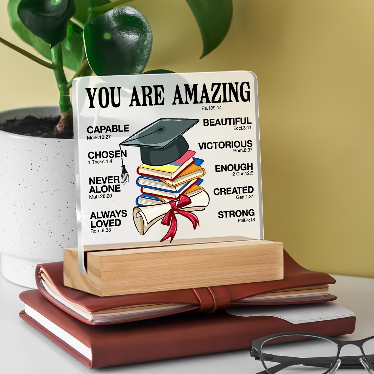 2D Flat, 2D Flat   Acrylic Desk Plaque with Base - Featuring   Verses Psalm 18:15,   8:31 Christian Graduation Gift for High School, College, Nursing & PhD Degrees - Battery-  and Home Decor, Inspirational Design, Clear Text Display, Faithbased Decor, Minimalist Decor, Durable Material,   Engraving, College Graduate, 2D Flat
