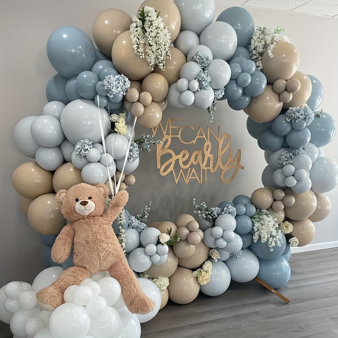 

Blue Balloon Arch Kit, 132pcs Gray Light Blue Balloon Wreaths With Brown Double Filled Balloons Suitable For Shower Gender Revealing Birthday Bear Themed Party Decorations