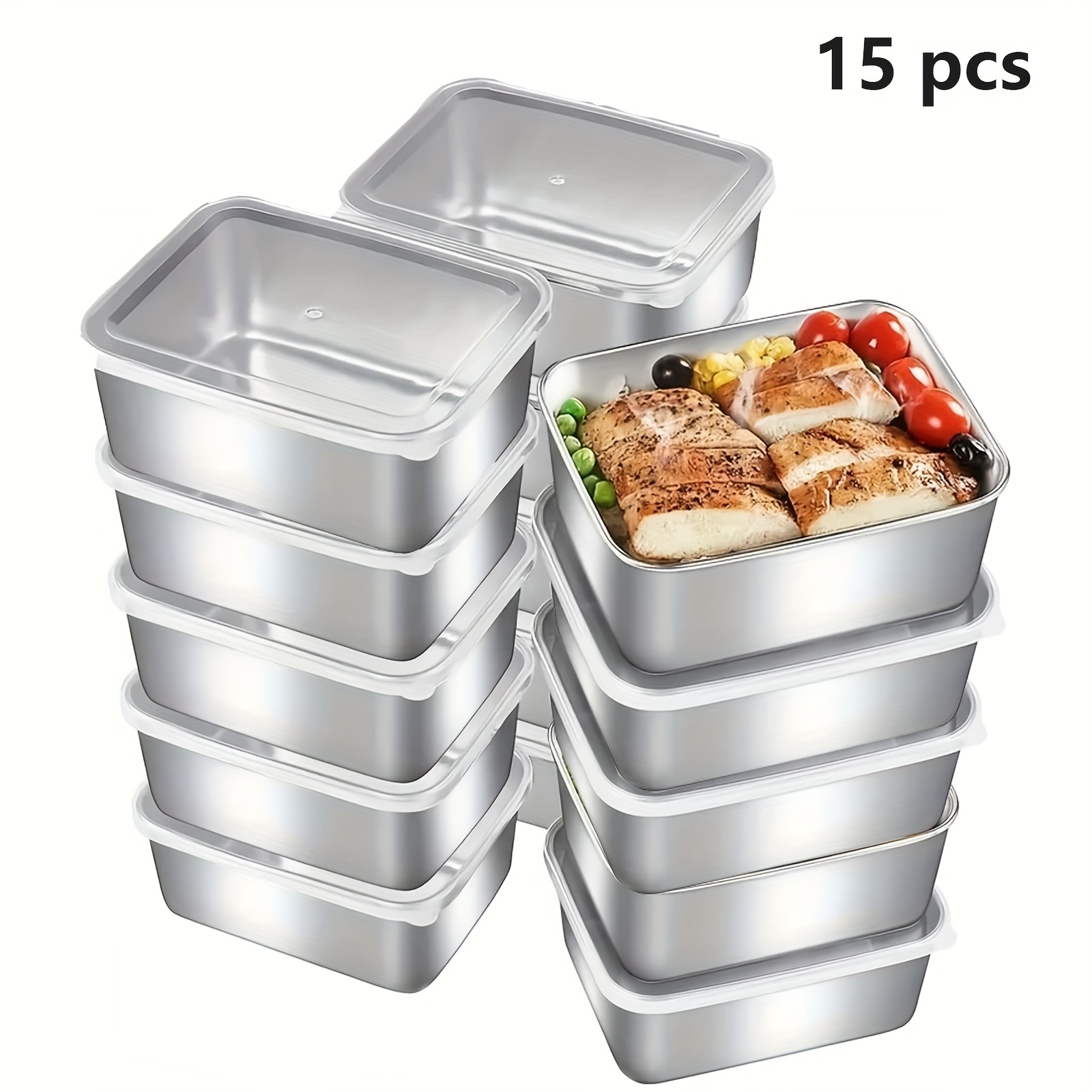 30pcs set 15 containers 15 lids stainless steel food storage containers outdoor plates with plastic lids reusable and stackable suitable for outdoor     offices and schools