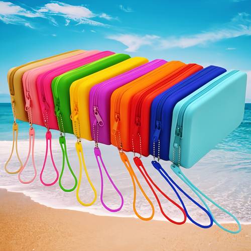 portable silicone makeup bag beach tote handheld beach pouch data cable earphone mobile phone storage bag personal item handbag square bag key and coin purse
