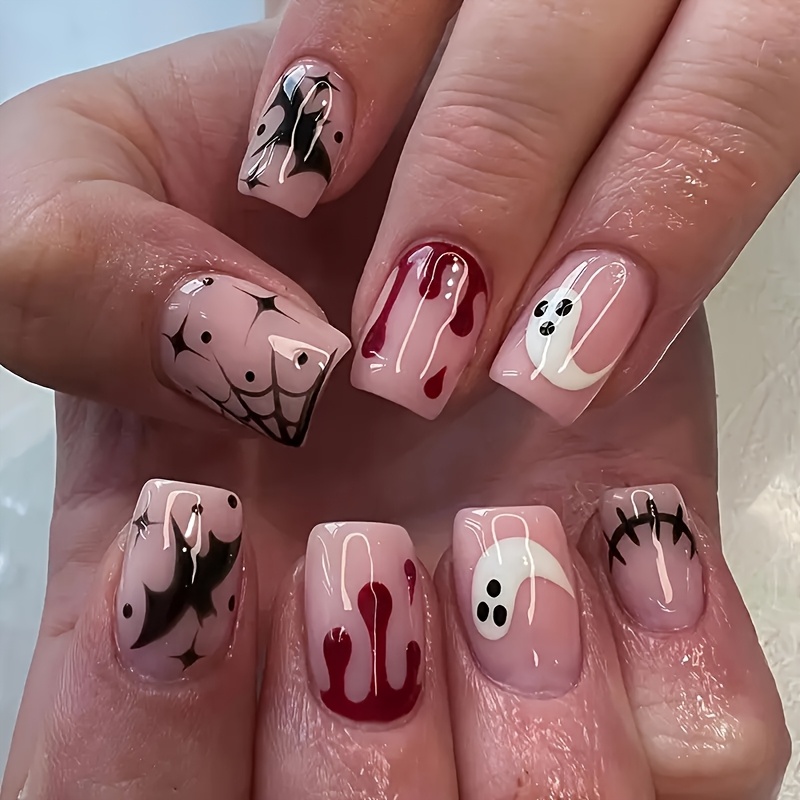 TEMU 24pcs Short Square Halloween Press-on Nails, And Black Web , Super High Rate Of