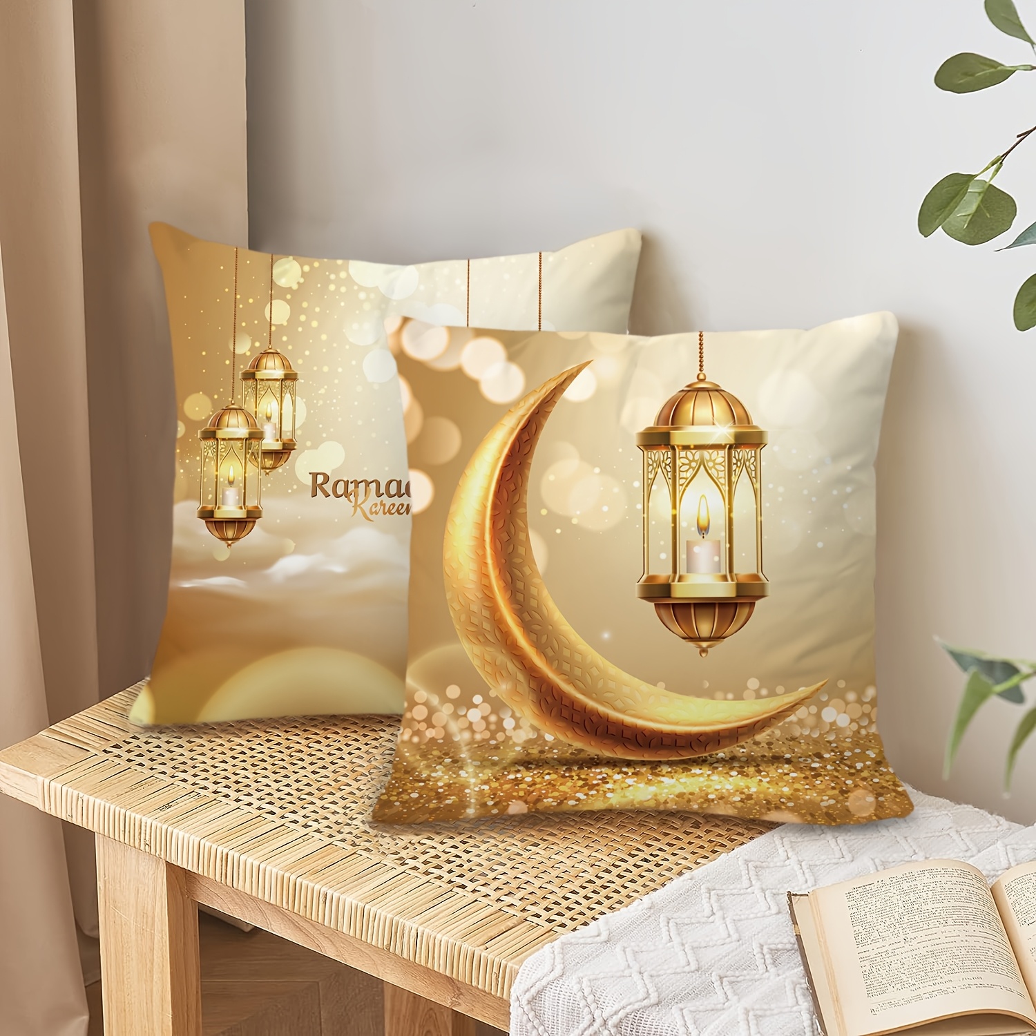 

2-pack Style Ramadan Pillow Covers, Luxury Moon And Lantern Print, 18x18 Inch, Hand Washable Knit Polyester, Decorative Zippered Cushion Cases For Room Types, Eid Decor Without Inserts