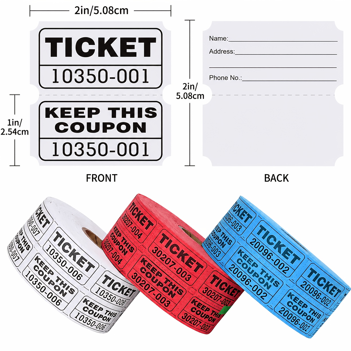 TEMU 3000 Tickets Double Rolls 50/50 Stub Tickets With Consecutive Numbers 500 Pairs Per Roll, 3 Rolls - Blue, Red, White