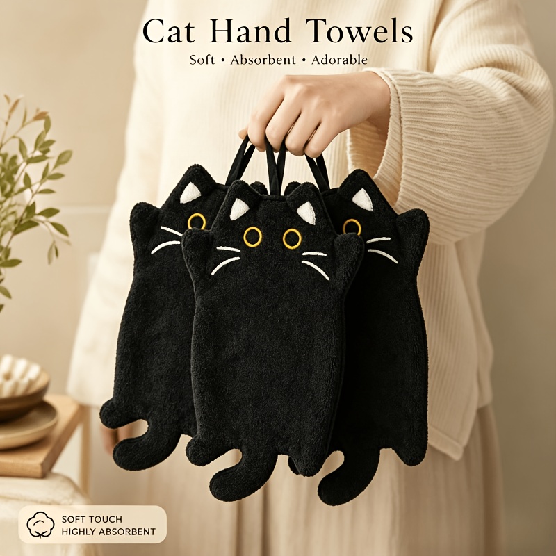 TEMU 3pcs Hanging Black Towel And Heat-resistant Mat Suitable For, Thickened Absorbent Coral Coaster With Hanging Loop, Adorable Black Cat For Sink,