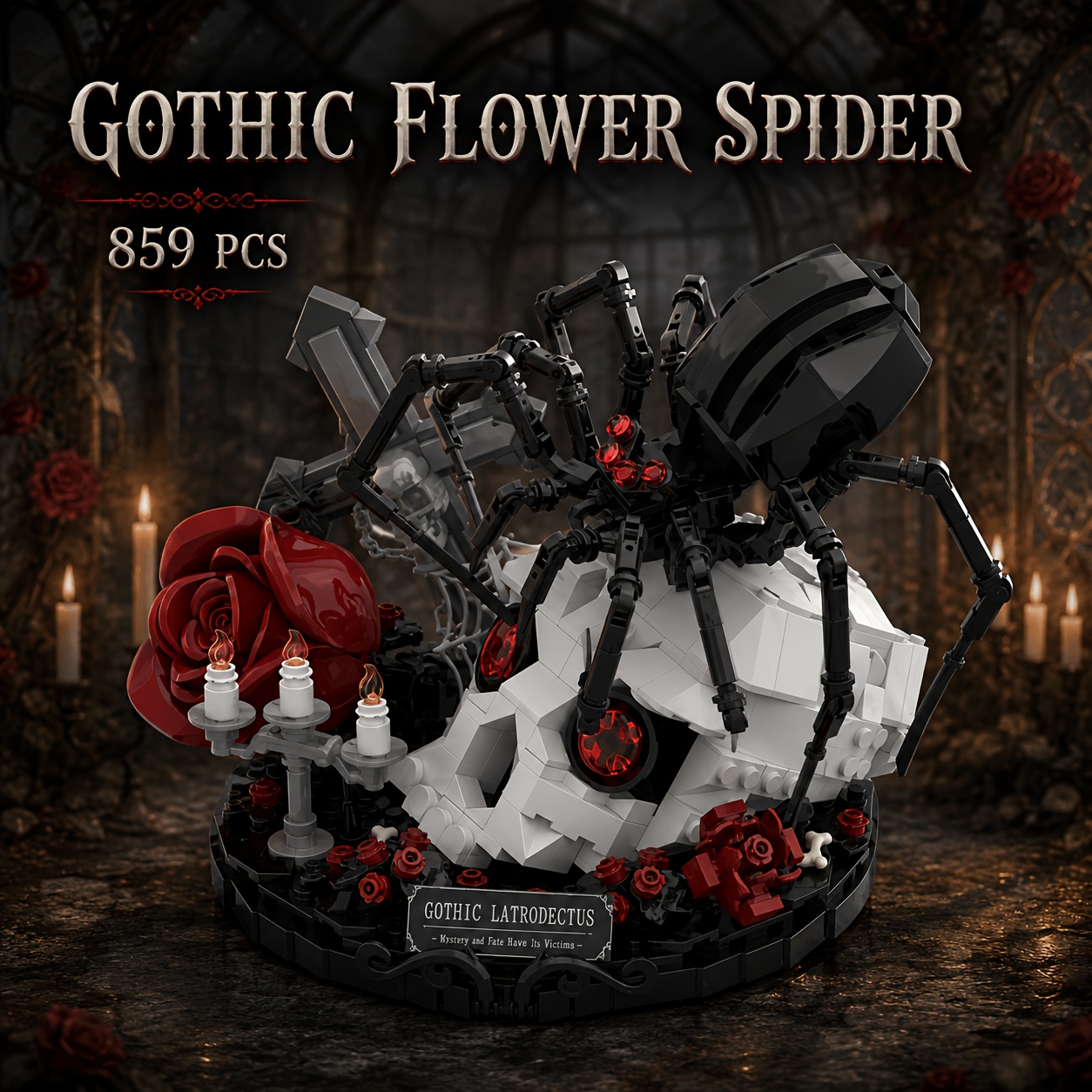 [zorvathyn] Gothic Flower Building Blocks Set, Dark Botanical Model, Ornate Insect Display Kit, Great Gift For Gothic Art Lovers