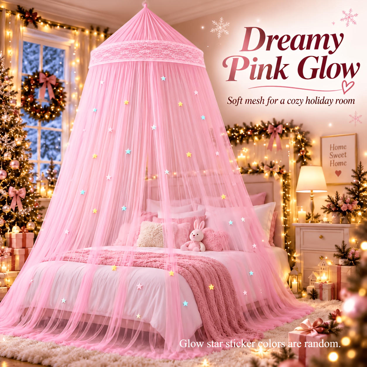 TEMU Round Dome Net Canopy Set With Random Star Stickers, Fine Mesh Hanging Bed Curtain, Soft Flowing Bedroom Decor, 6 Elegant Colors
