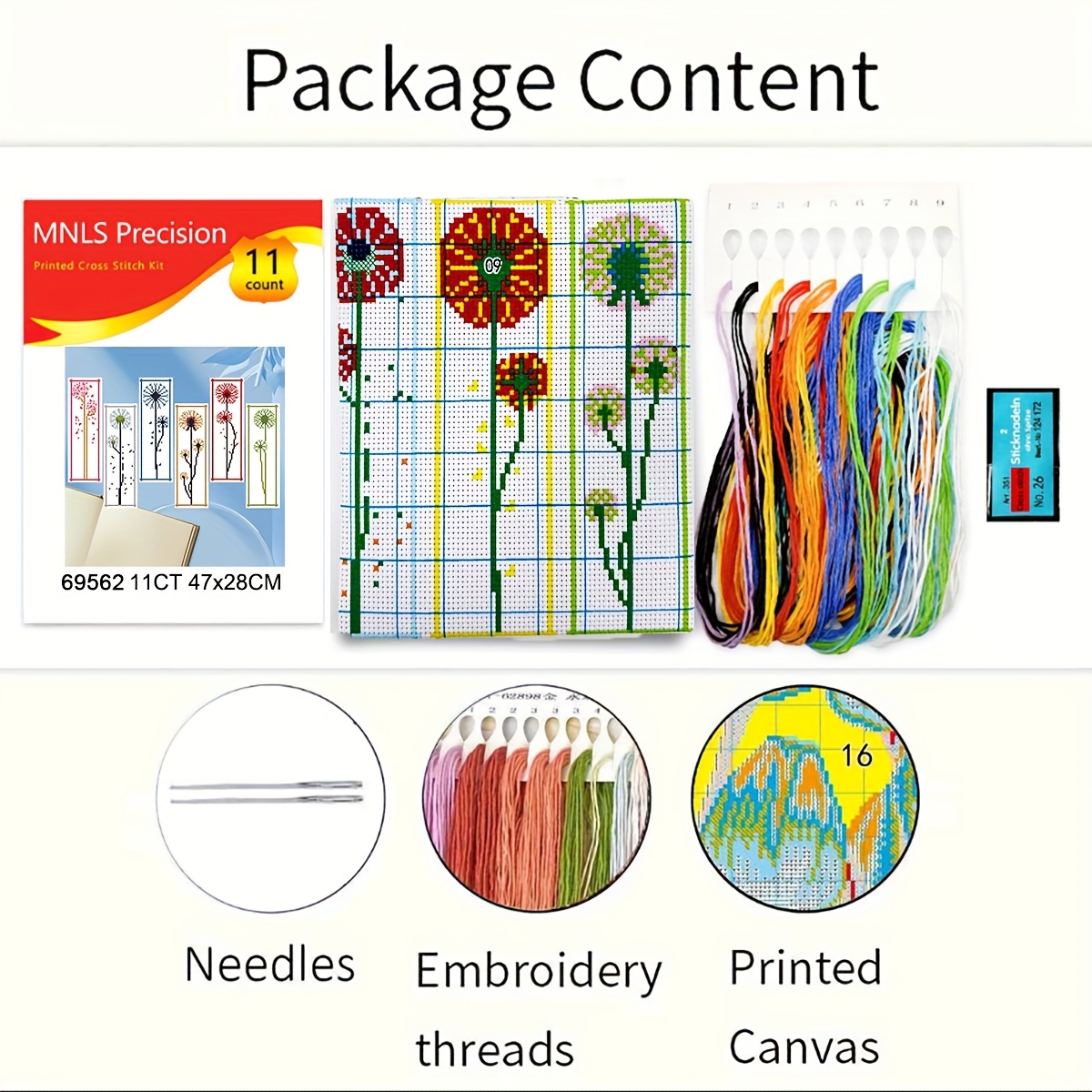 Printed Cross-Stitch Kit Includes 6 Bookmarks - Dandelion Design