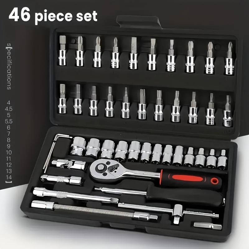 

46 Pieces Of 1/4 Inch Drive Socket Ratchet Wrench Set, With Drill Bit Socket Set Metric And Extension Rod, Used For Car Maintenance And Household Use, With Storage Box