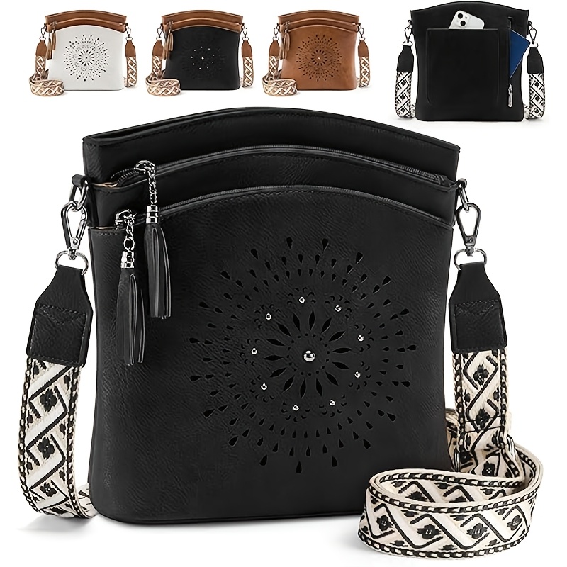 TEMU Women's Bohemian Hollow-out Tassel Bucket Bag, Ethnic Style Wide Shoulder Strap Crossbody Bag, Suitable For Travel/commuting, 3 Colors , Women's