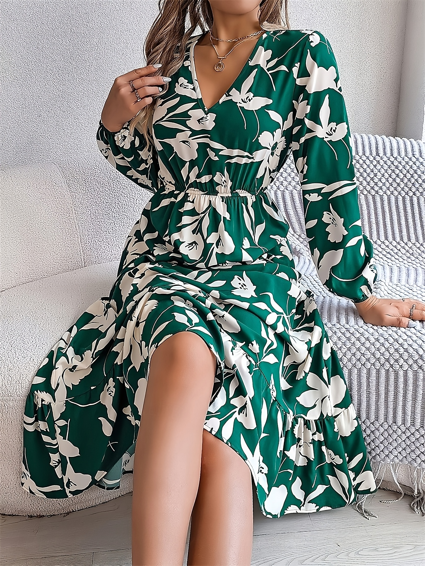 1pc womens floral v neck long sleeve midi dress polyester a - Temu United  Arab Emirates