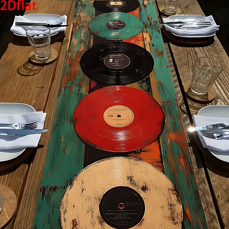 TEMU . Tischläufer im Vintage-Stil mit mehrfarbigem 2D-Druck im Schallplattenmuster, geeignet für Partys, Picknicks Versammlungen, ideal für Küchen-