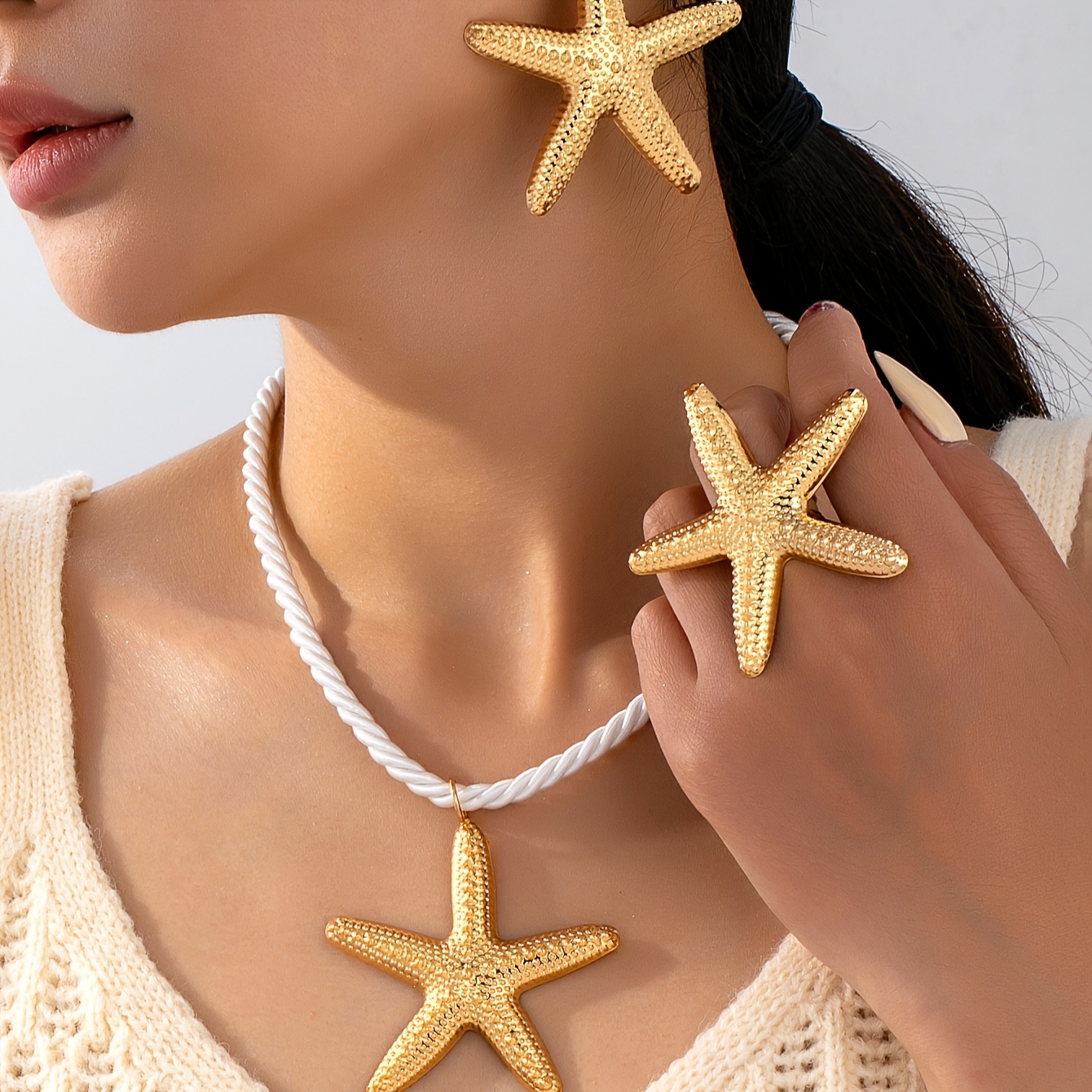 TEMU 4pcs Set Of Fashion Bohemian Metal Starfish Pendant Rope Chain Suitable For Women' Vacation Outfit Necklace Ring Earring Set