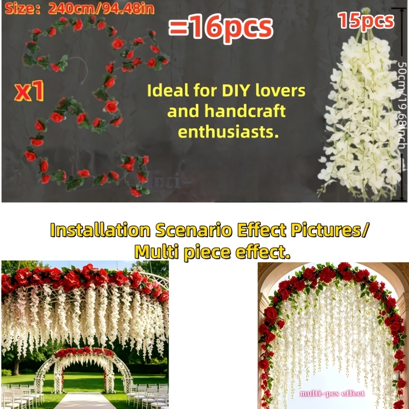 TEMU Ensemble de 16 pièces de bandes de rotin blanc haut de gamme et durable avec de grandes roses rouges, durables et faciles à suspendre, fleurs