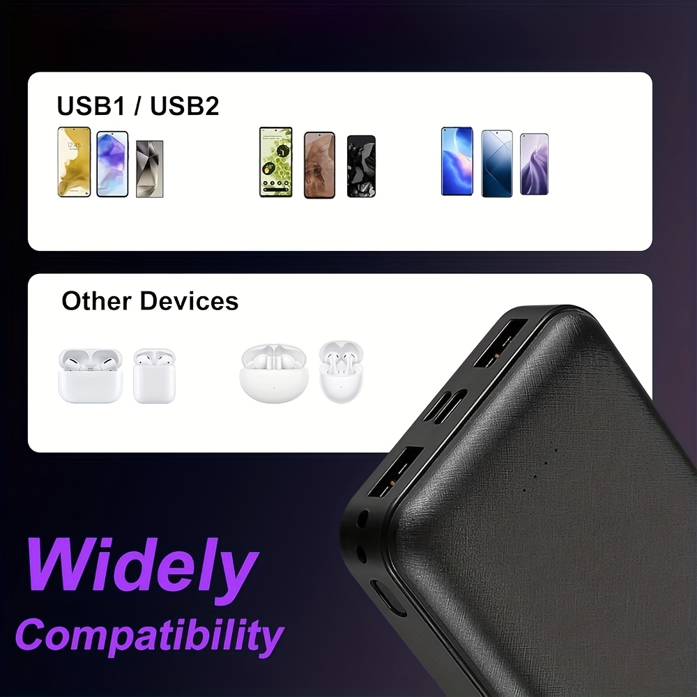 This Two-pack Of 10, 000mAh High-capacity Power Banks Is A Compact, Lightweight, And Portable Power Bank. It Features Dual USB Ports, Including A Micro USB Port And A Type-C Port, for Charging Two Devices Simultaneously. LED Indicators Indicate The