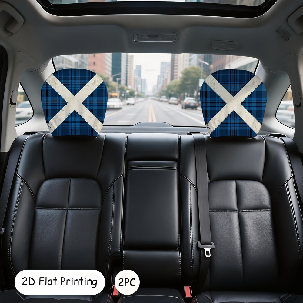 TEMU 2d Flat Printing, 2pcs Car Headrest Covers, Blue Checkered Cross Patterned Headrest Covers For Car Seats, Designed For Protection With High