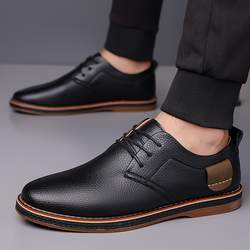 

1pair Men's Business Casual Shoes - Solid Color Low Top Lace-up With Handmade Stitching, Comfortable Flat Sole, Upper/inner, Rubber Outsole, Insole