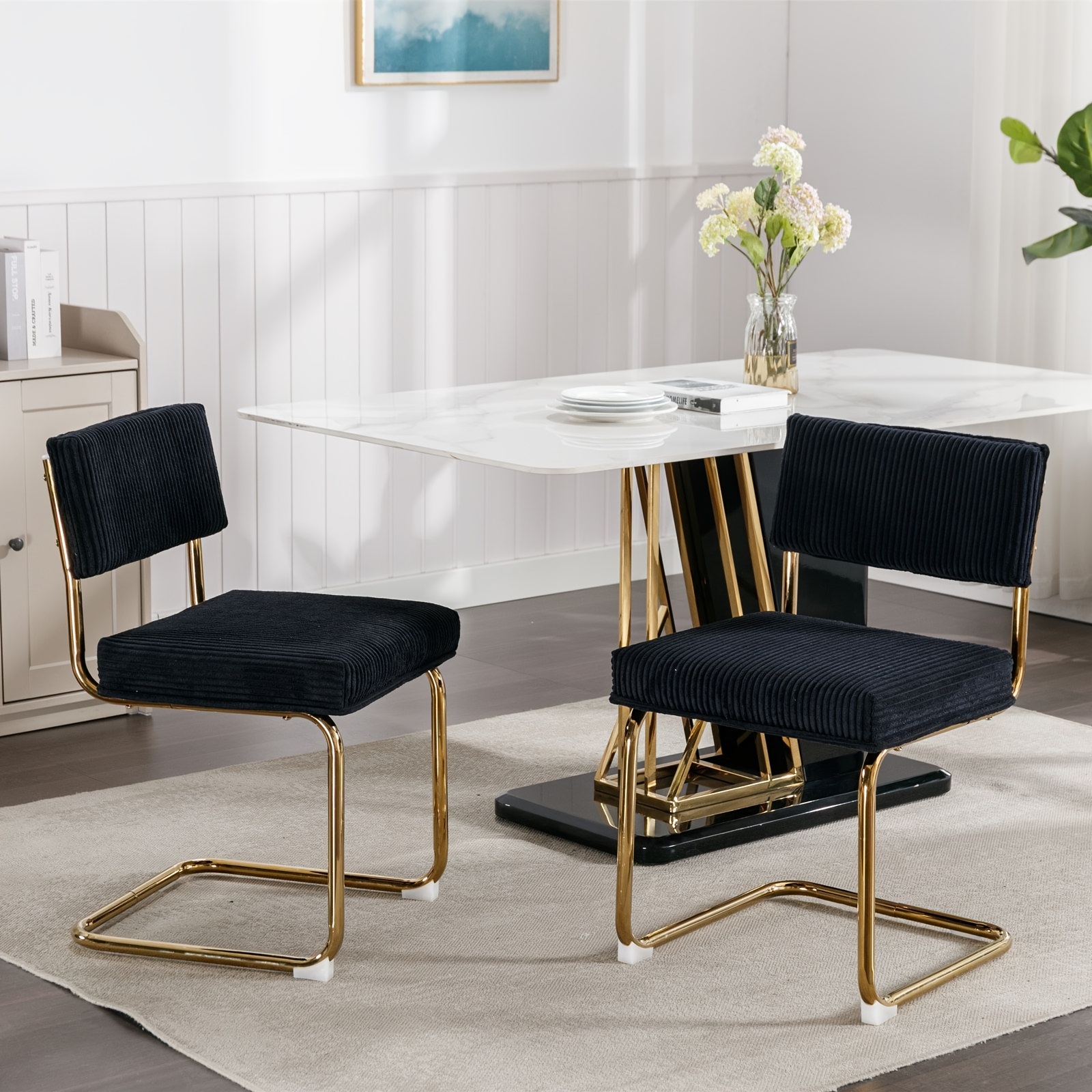 

Set Of 2 Modern Dining Chairs, Accent Armless Kitchen Chairs With Corduroy Fabric, Golden Metal Base And Channel Tufting, Side Chairs For Dining Room Chairs, Living Room, Bedroom