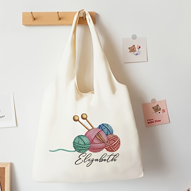 TEMU 1pc Personalized Polyester Knitting Jute Pattern Tote Bag, White, With Fixed Shoulder Strap, Machine Washable, Random Printing, For Vacation, Travel, Girl, Book Bag, Harajuku, Gift For Her