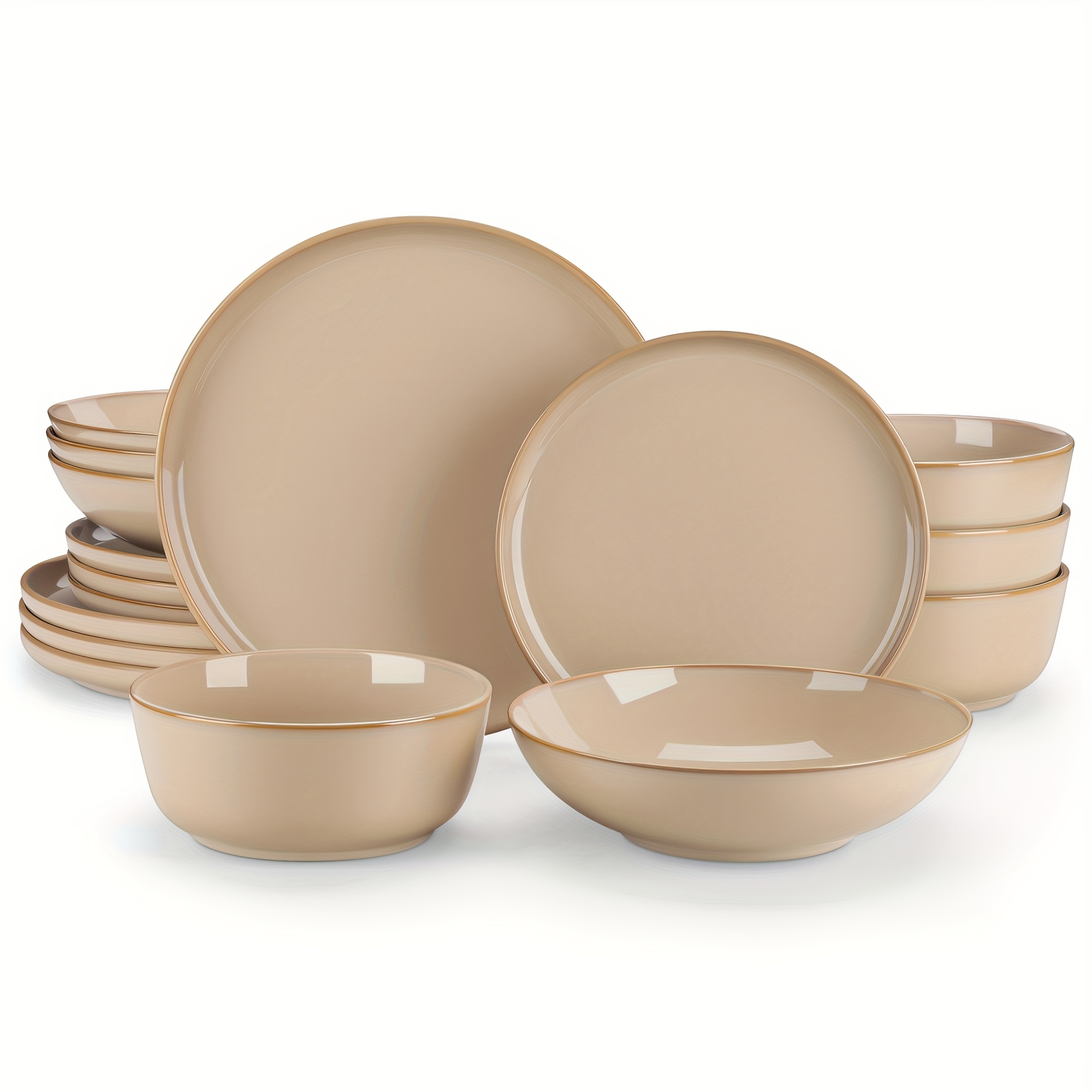Set Of 16 Dinnerware Items Made From Brown Stoneware Featuring Double-sided Kiln Change Glaze, Including Dinner Plates, Dessert Plates, Pasta Bowls, And Cereal Bowls