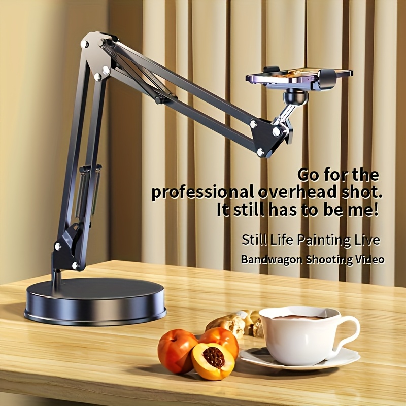 Adjustable Height & Angle Desktop Phone Holder - Sturdy Iron Tripod Base, 360° Rotating Arm for Live Streaming, Video Recording, and Photography, Black, Camera Mounts