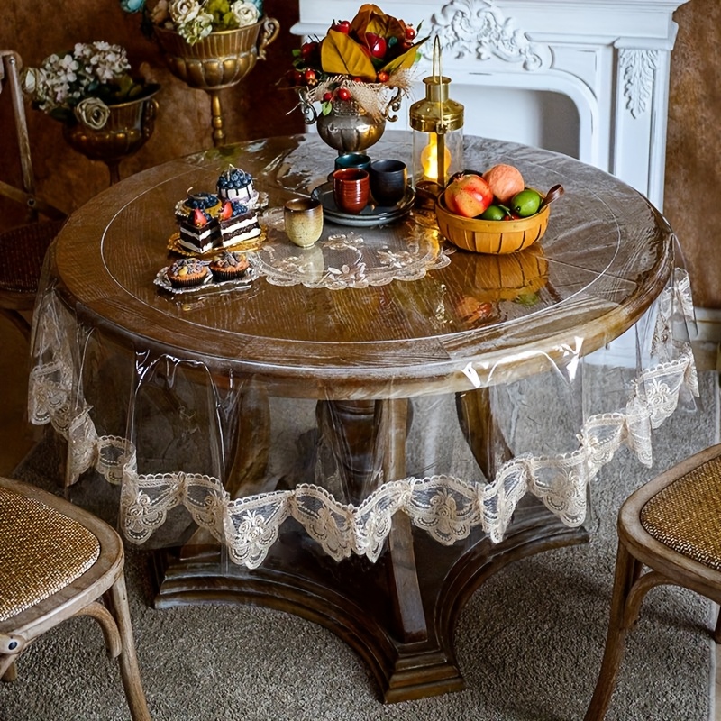 1pc elegant pvc tablecloth with lace trim non slip wash free round table  r for dining and coffee tables ideal for kitchen restaurant and party decor decorative tablecloth round table  r transparent  