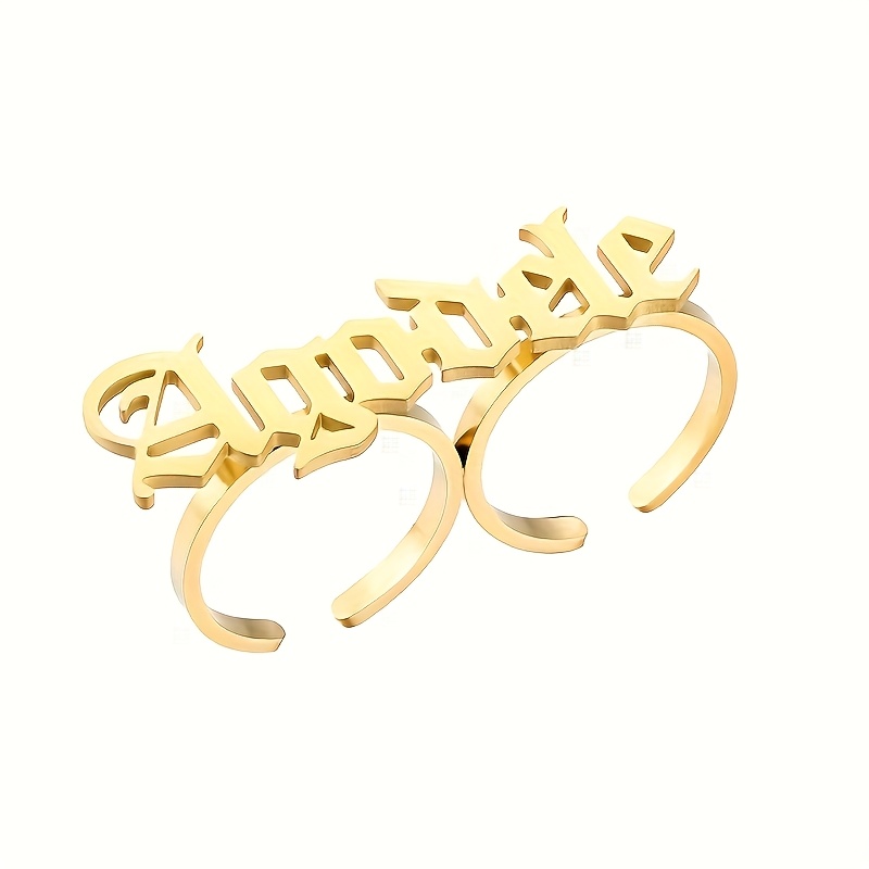TEMU Custom Personalized Name Ring, Double Finger Ring, Stainless Steel Crown Heart Letter Adjustable Ring, Bridal Wedding Jewelry, Exquisite