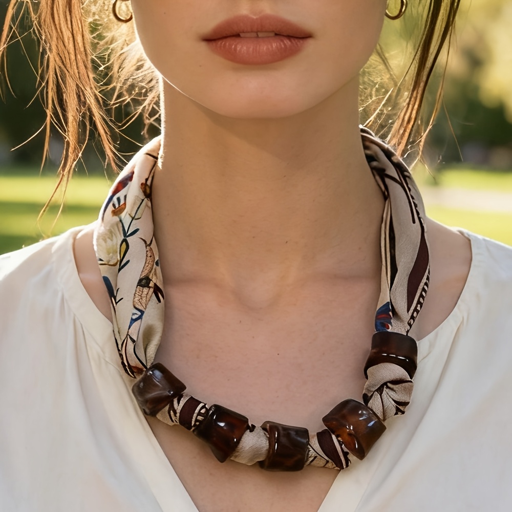 TEMU Vintage Printed Beaded Scarf, Multi-functional Ribbon, Elegant Women's Decorative Neck Scarf, Versatile Shirt Accessory Small Scarf