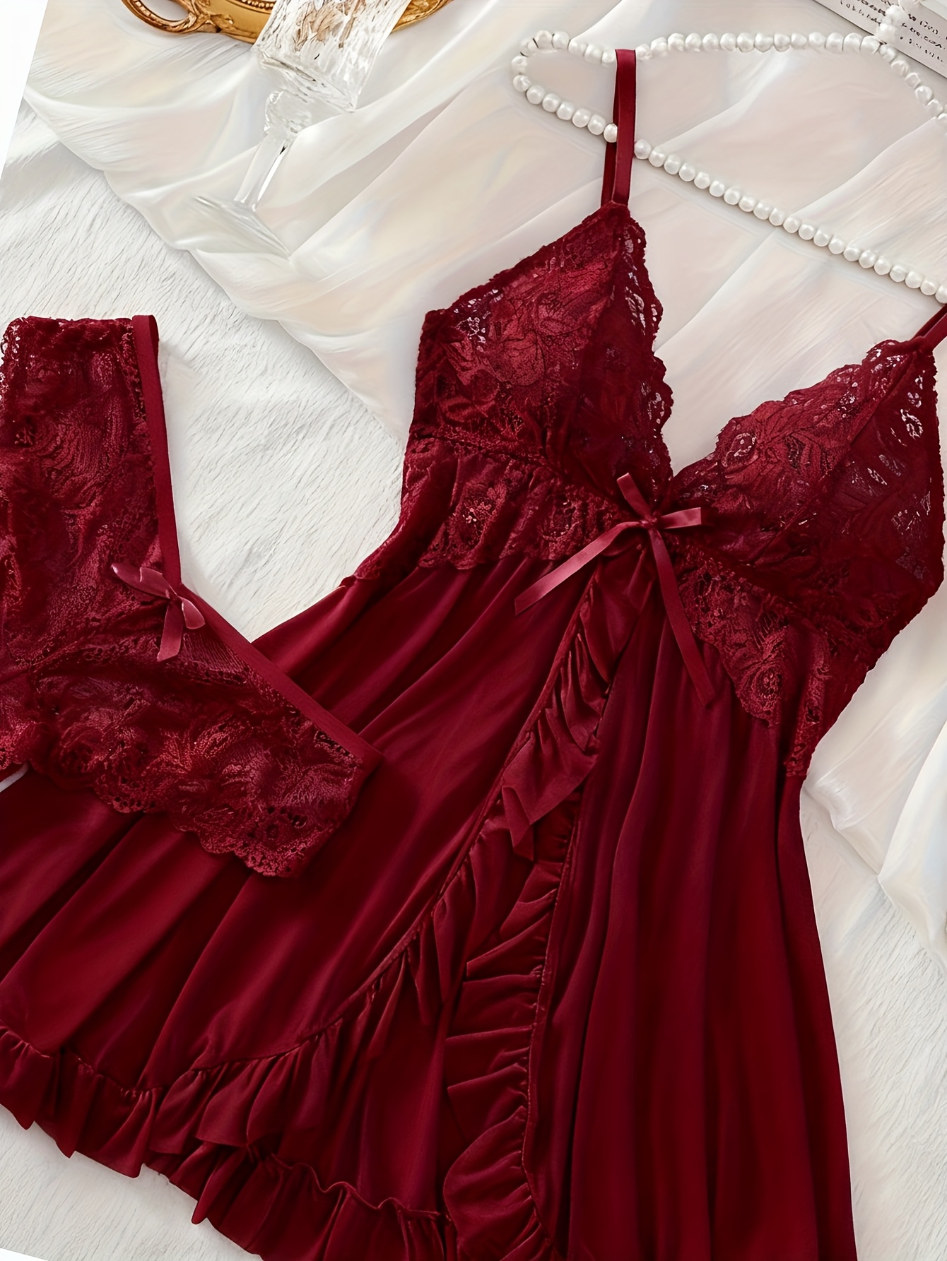 robe cami   col   femme, chemise de nuit en dentelle, robe dintérieur française Détails du produit 23