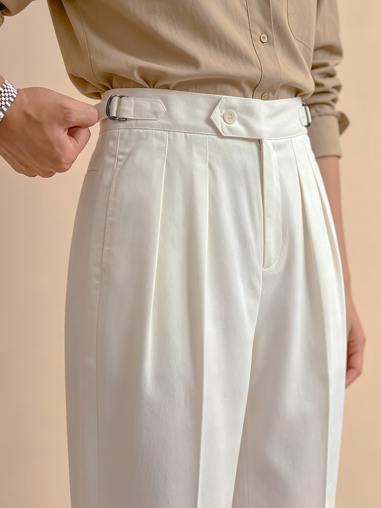 New Pure Comfortable Elegant Business Casual Italian Naples Commuter Straight Trousers Solid Color Woven Button Double-Sided Paris Button Men'S Dress Pants Suit Trousers, Daily Fashion Wear Work Office All-Season Men'S Clothing Spring Autumn