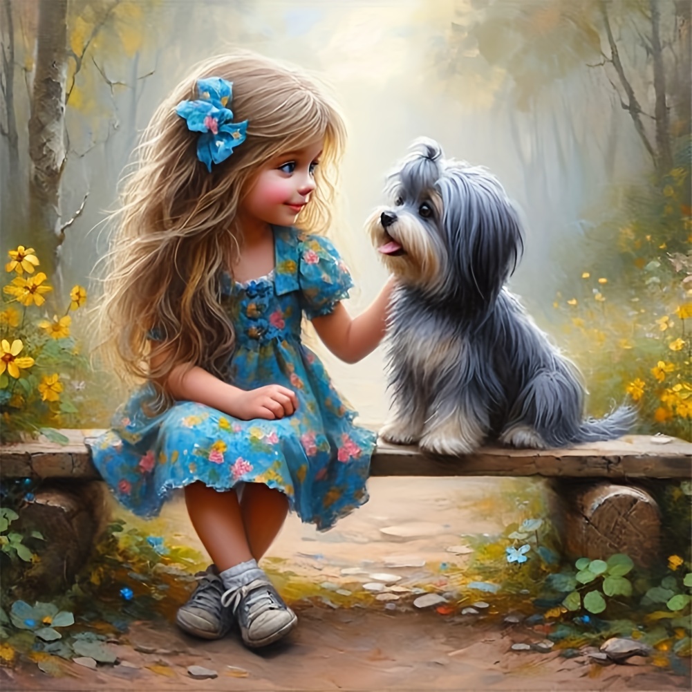 

Girl And Dog Diamond Painting Kit: Cute Characters, Round Diamond Shapes, Acrylic (pmma) Material, Perfect For Wall Decor And Gifts